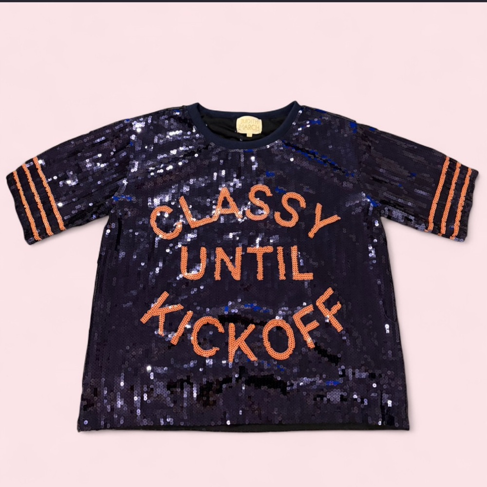 Judith March “Classy Until Kickoff” Navy Sequin Gameday Top | S/M